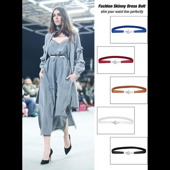 Jovitec 5 Pieces Women Skinny Elastic Waist Belt Retro Stretch Cinch Thin Belt M main image 7